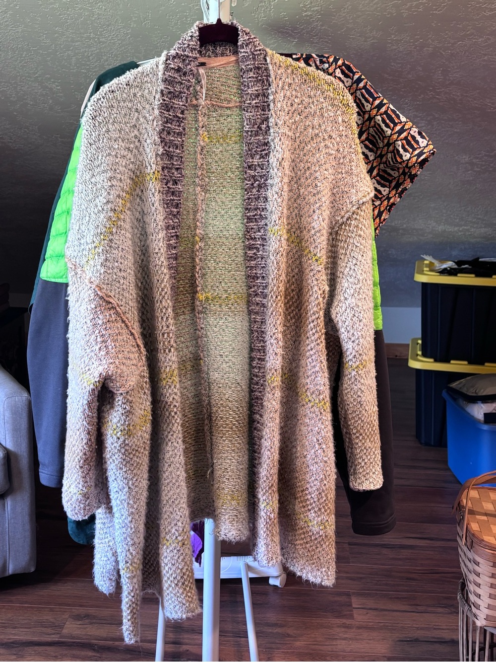 Free People Open-Front Cardigan Sweater - Beige with Yellow Accents